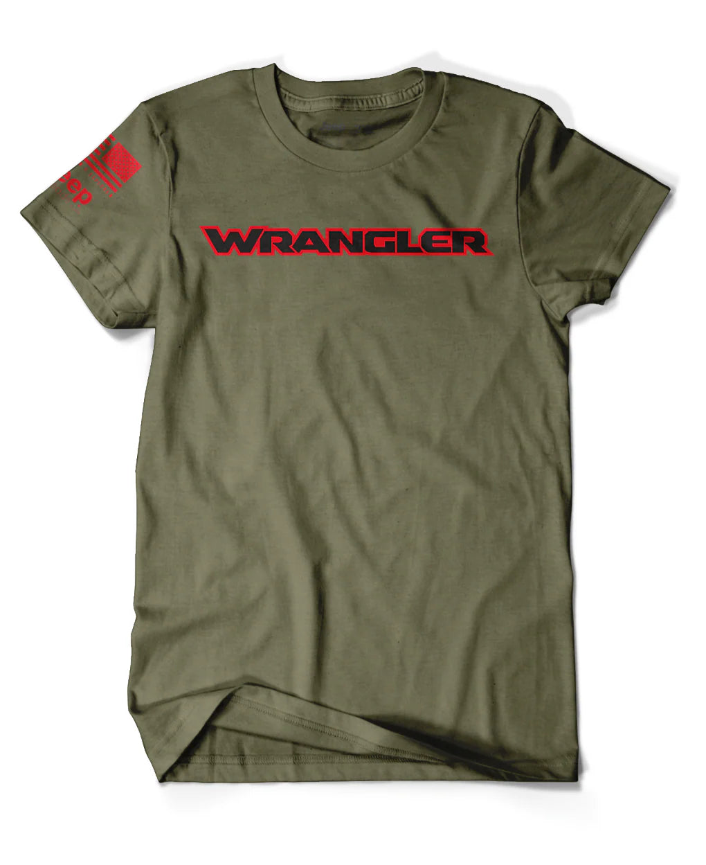 Army Green Jeep® Wrangler T-Shirt with black Wrangler logo outlined in bold red across the chest and Jeep® American flag print on the sleeve.