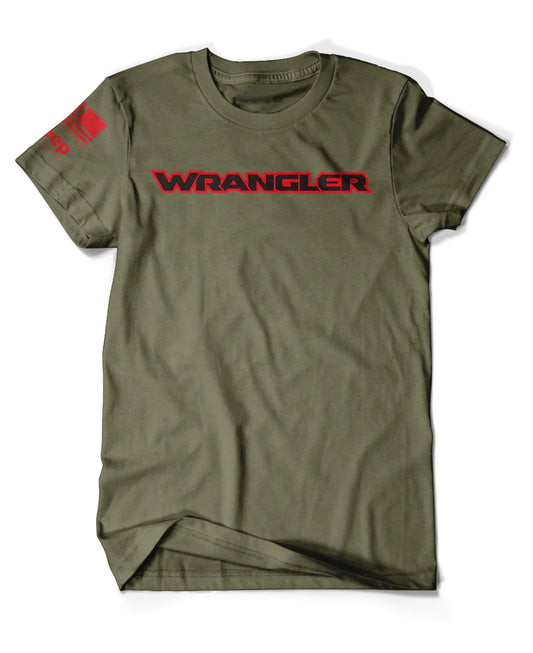 Army Green Jeep® Wrangler T-Shirt with black Wrangler logo outlined in bold red across the chest and Jeep® American flag print on the sleeve.